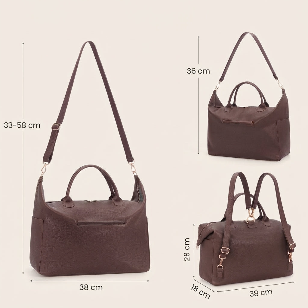 Dessin technique du sac à langer, avec ses dimensions et les trois zones de rangement